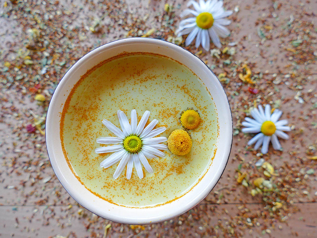 A chamomile tea latte sits on a wooden surface with fresh chamomile flowers floating in it. Chamomile flowers and tea leaves are scattered around the drink.