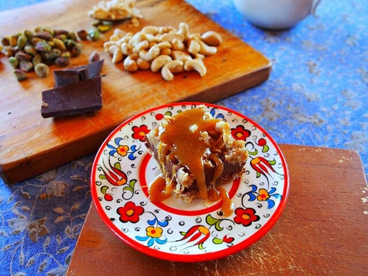 Dark Chocolate Nut Squares Recipe with Buttermilk Caramel Drizzle