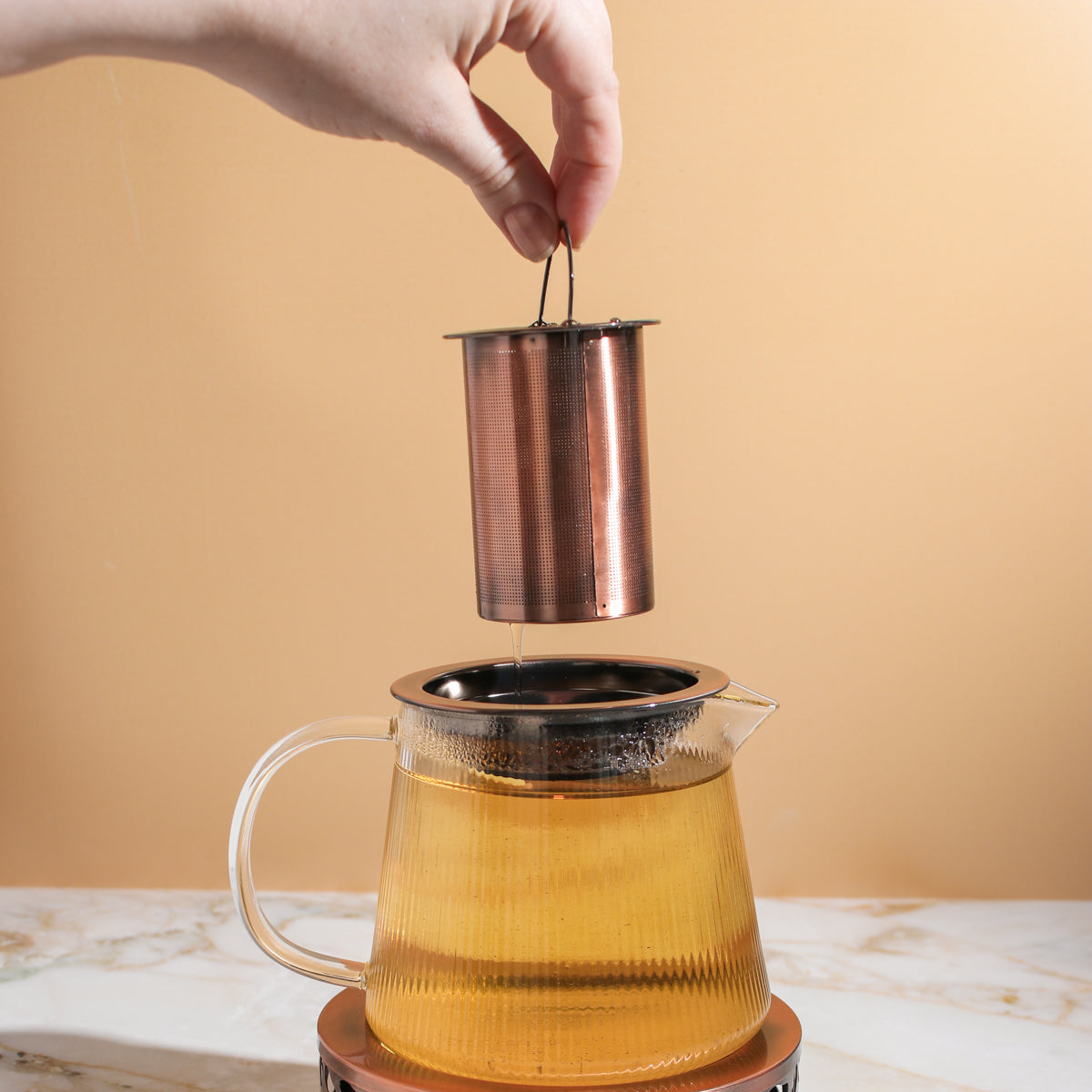 Copper Rose Glass Teapot with Teapot Warmer