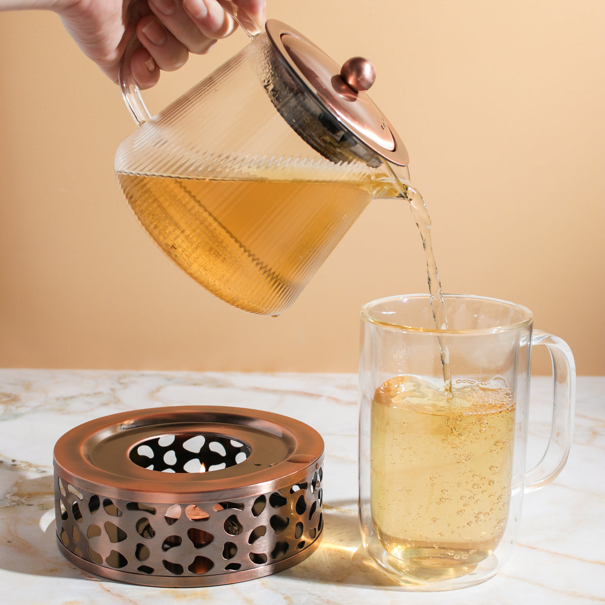 Copper Rose Glass Teapot with Teapot Warmer