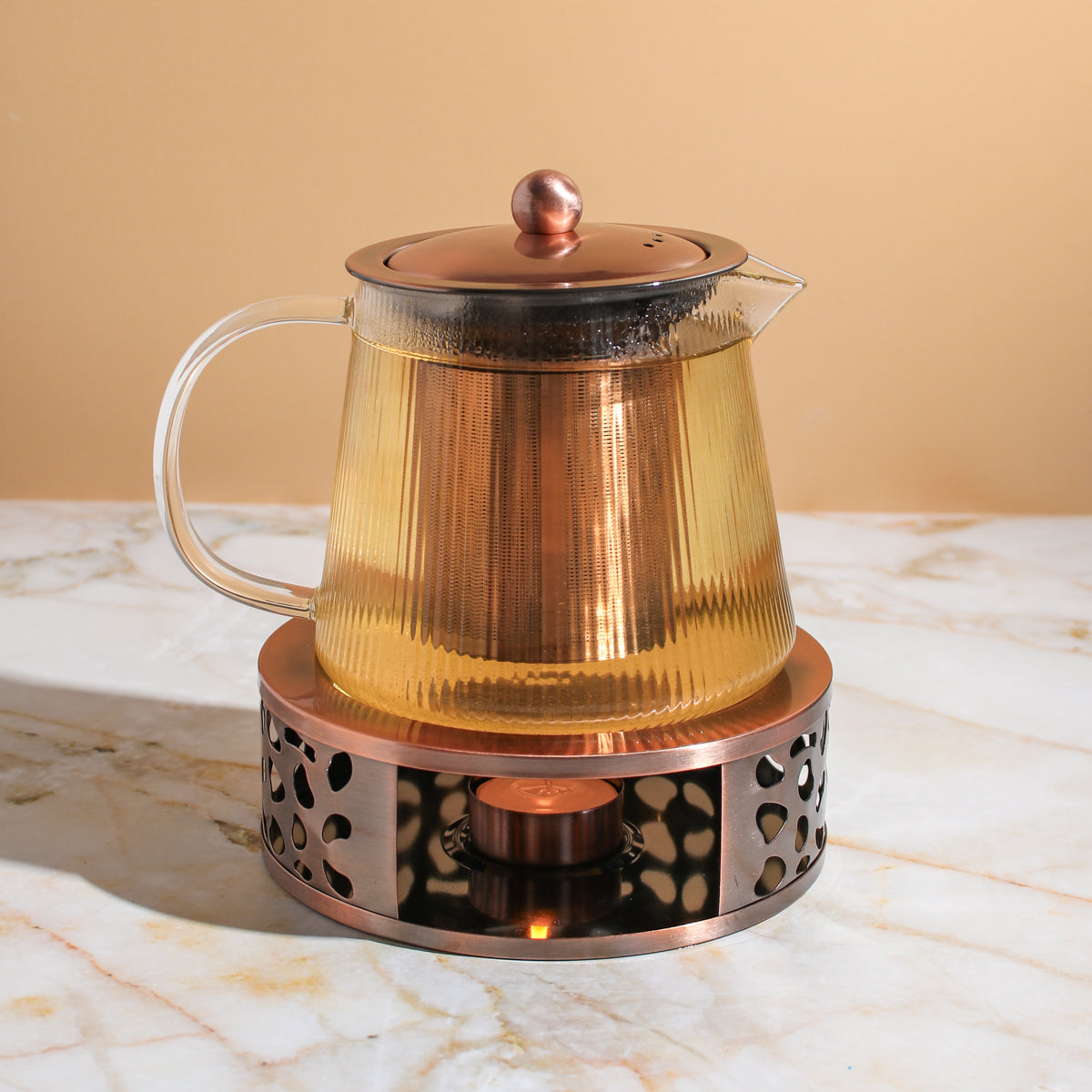 Copper Rose Glass Teapot with Teapot Warmer