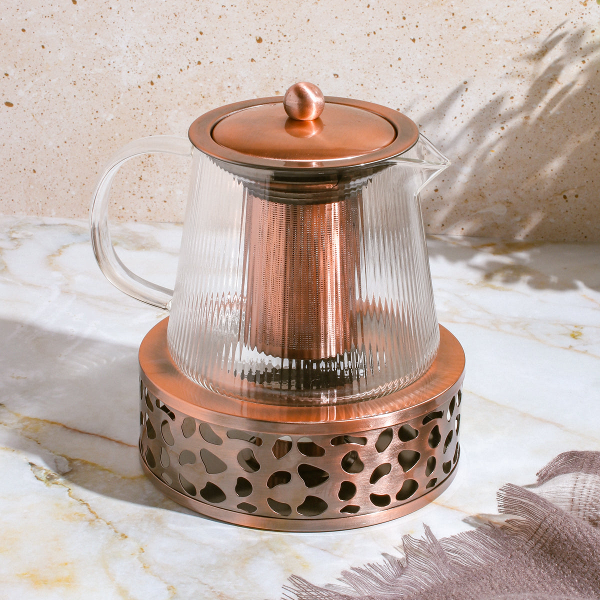 Copper Rose Glass Teapot with Teapot Warmer