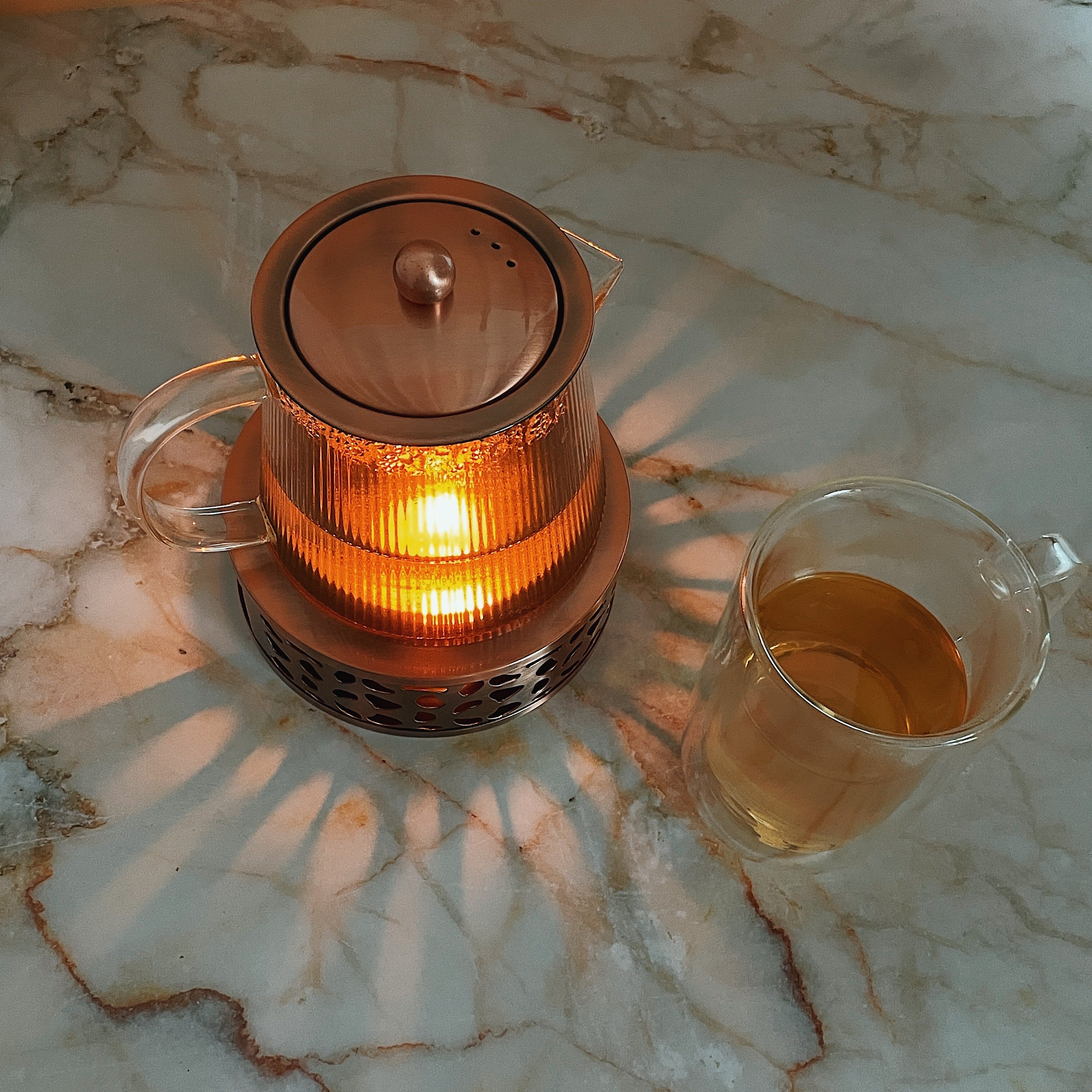 Copper Rose Glass Teapot with Teapot Warmer