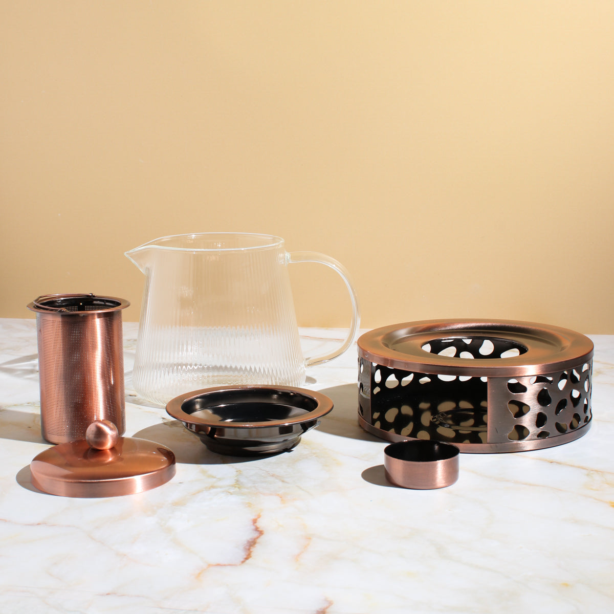 Copper Rose Glass Teapot with Teapot Warmer
