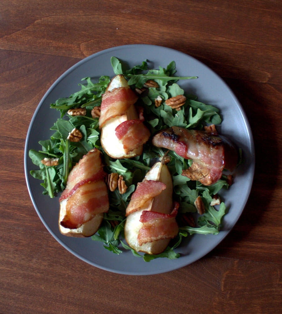 Bacon Wrapped Grilled Pears with Arugula