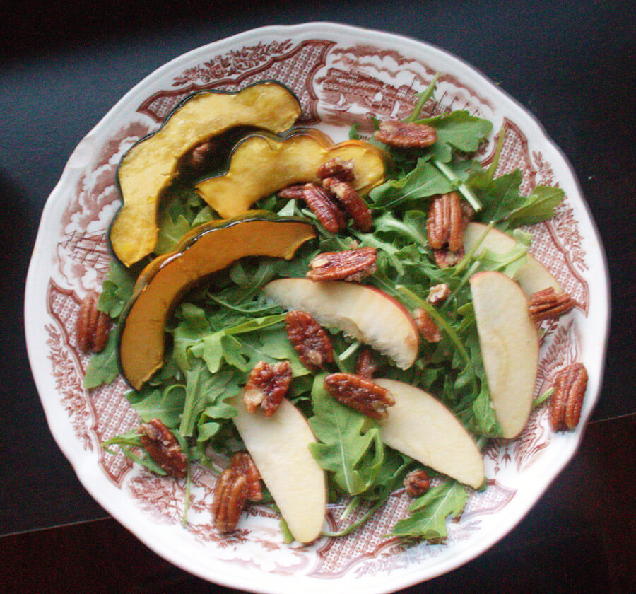 Autumn Arugula Salad with Acorn Squash and Candied Pecans