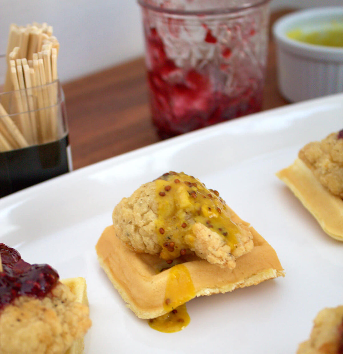 Mini Chicken and Waffles Appetizer with Two Dipping Sauces