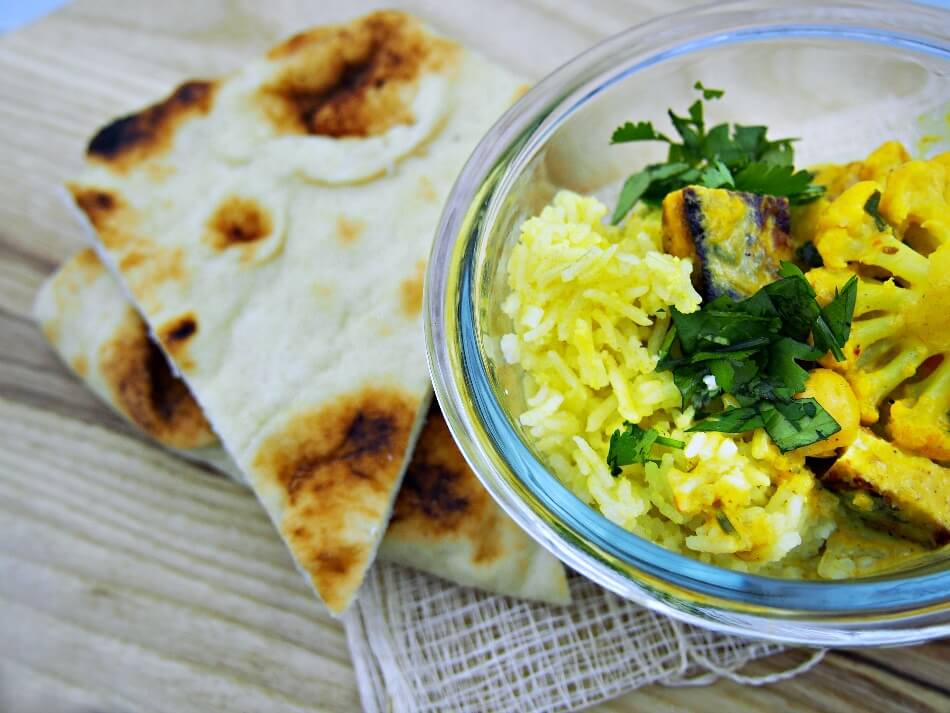 Butternut Squash & Cauliflower Curry with Naan and Creamy Coconut Rice