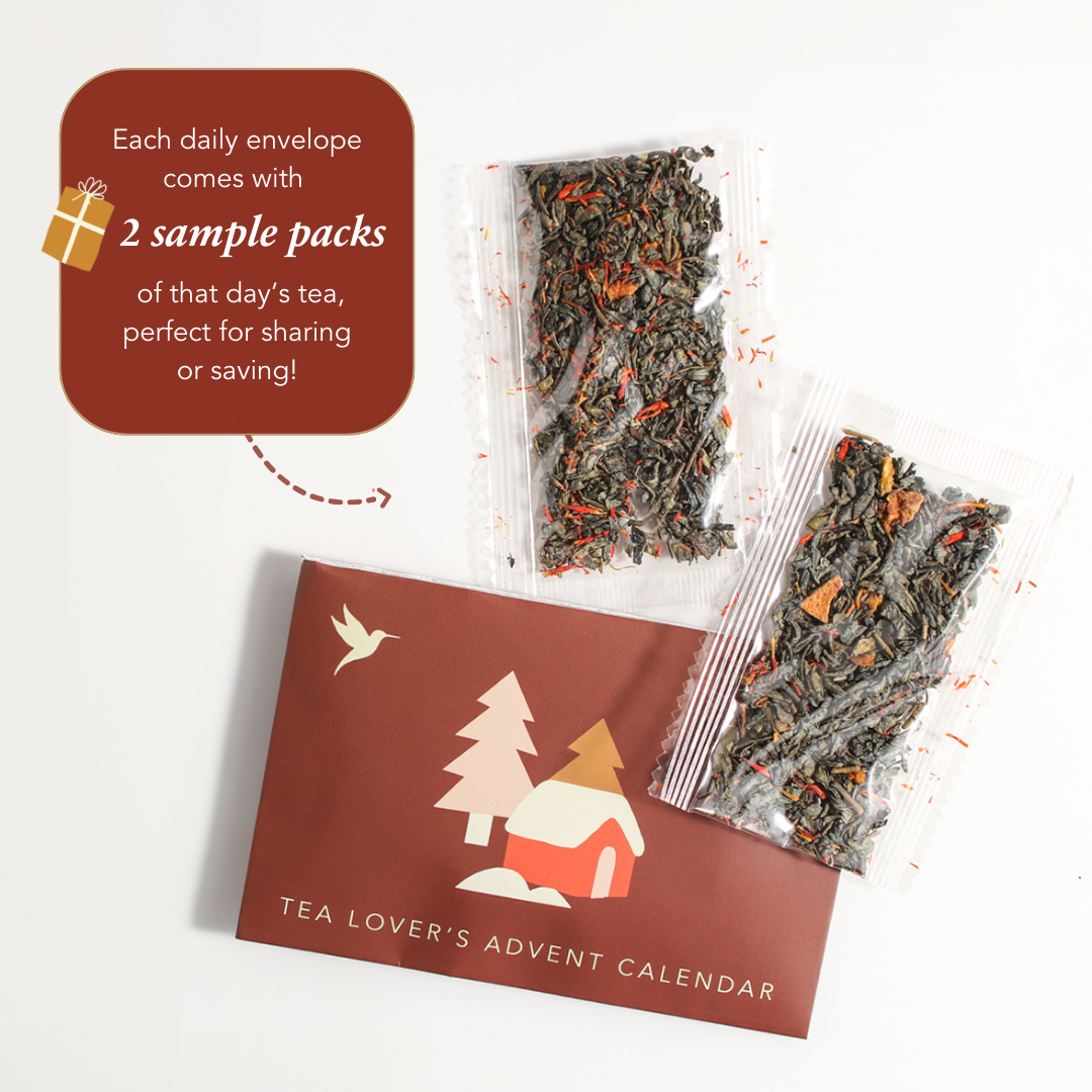 A graphic showing that each daily envelope comes with two sample packs of that day's tea, perfect for sharing or saving.