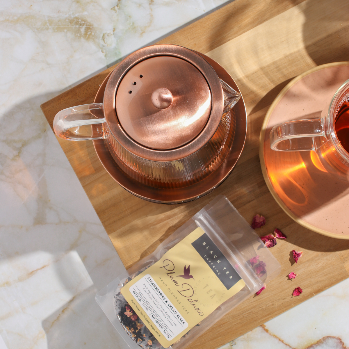 Copper Rose Glass Teapot with Teapot Warmer