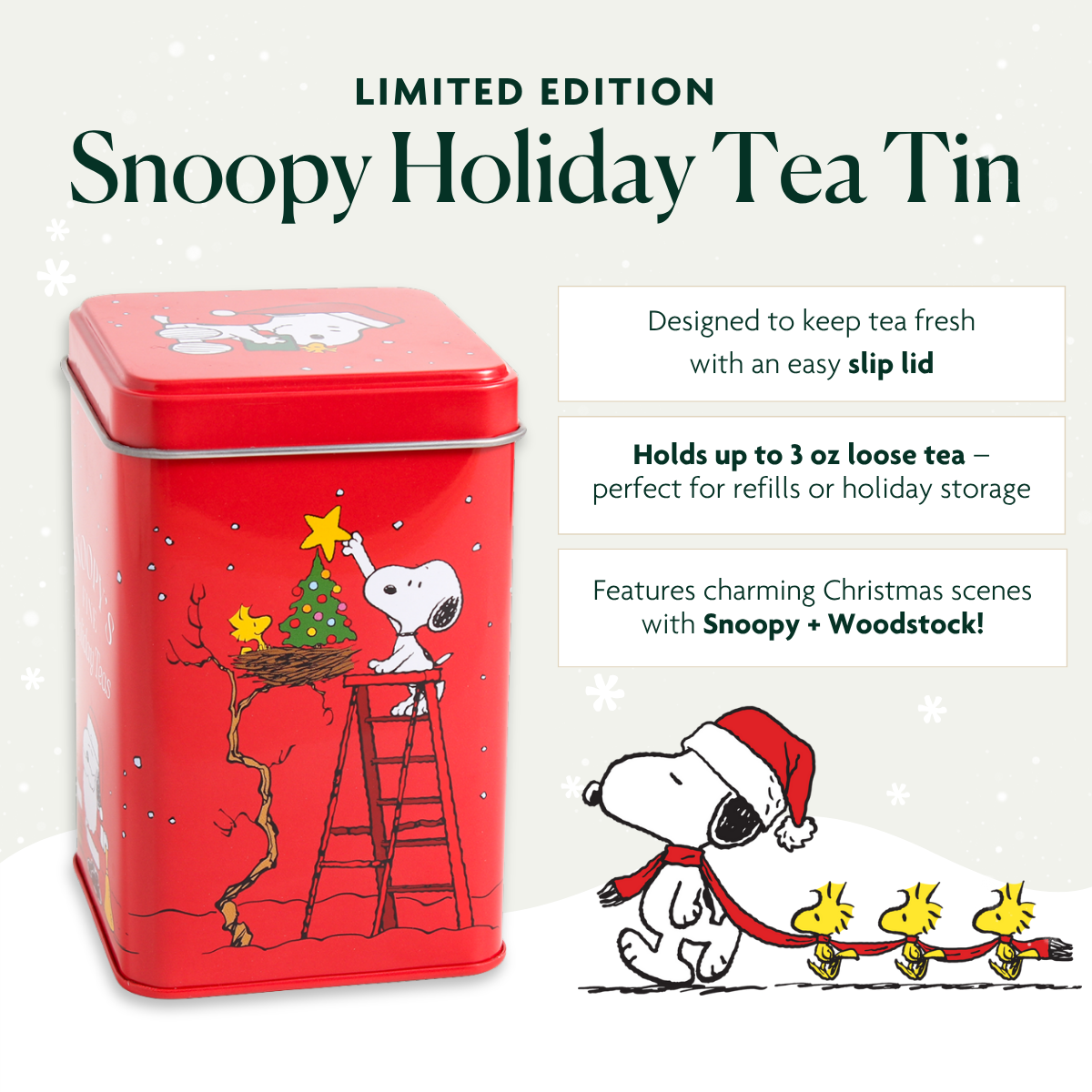 Snoopy’s Fine Holiday Teas Gift Tin (Tin + 5 Sample Flavors)