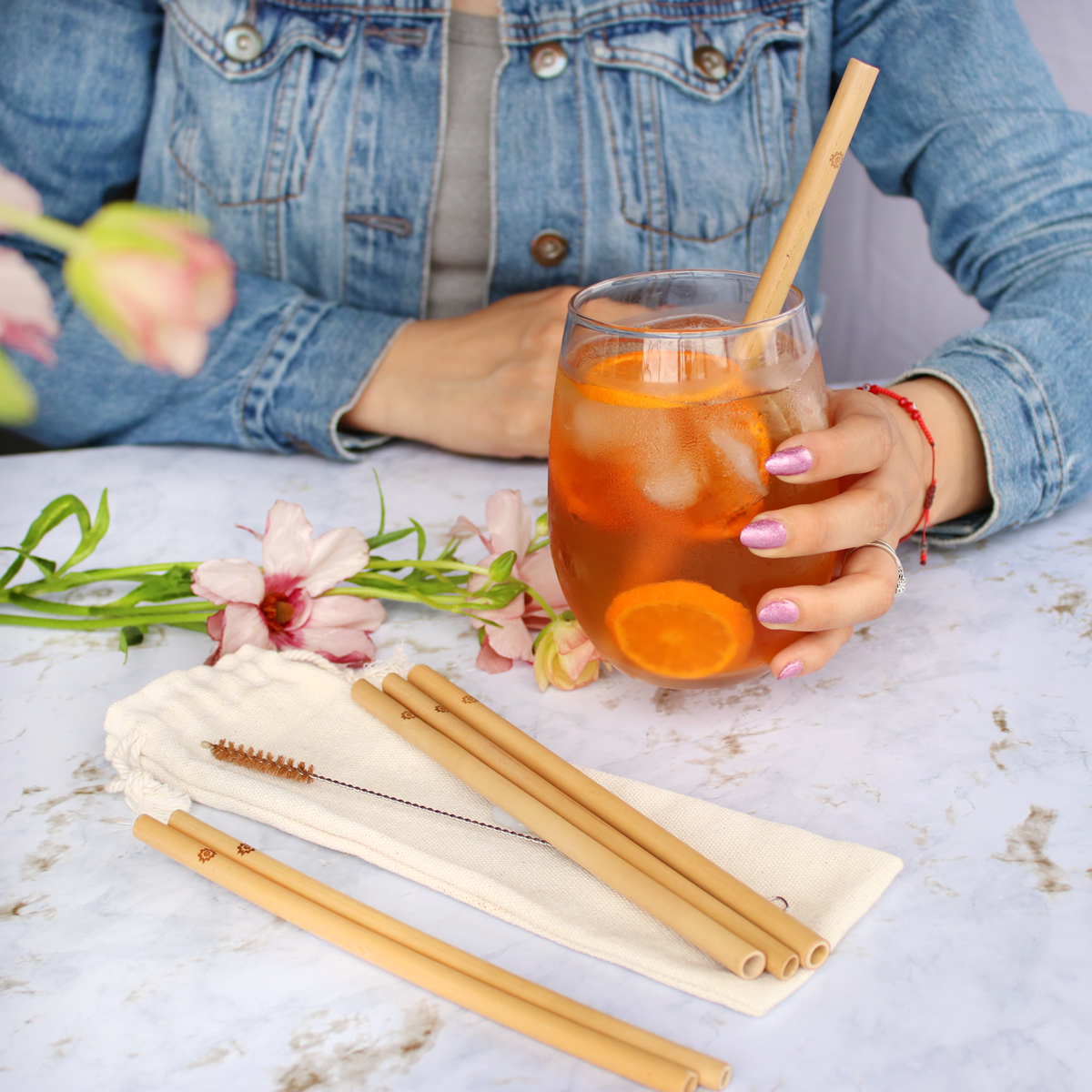 5 Bamboo Straw Kit - Luxury Quality: 5 Reusable Straws of 20cm/7.9 from The Signature Line by Bamboo Step and A Cleaning Brush in A Kraft Paper Box